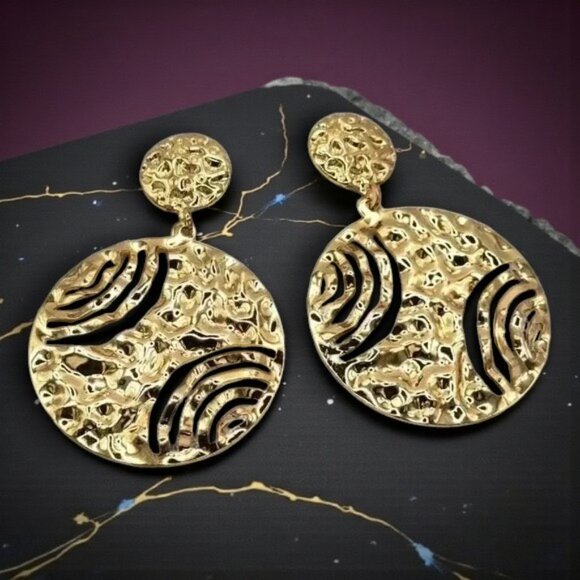 ๐๏ธModern Textured Round Statement Earrings Gold Plated Alloy Bold Chic Designer - Picture 7 of 13